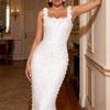 Elegante Vestido de Noite Bandage Quadrado com Alças Finas e Contas