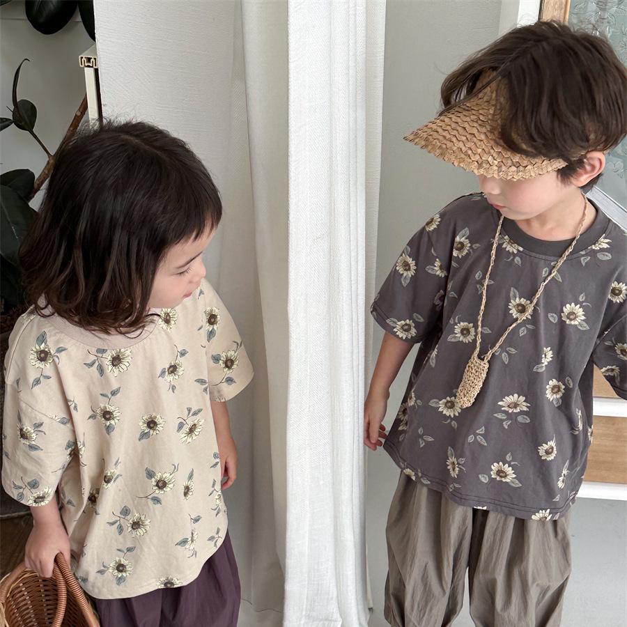 Jiaye Tongpin 2025 Kids' Floral Print Short-Sleeve T-Shirt - Unisex Loose Fit Fashion