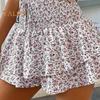 Pantaloni scurți de vară pentru femei, cu mai multe straturi, cu imprimeu floral, cu volană, elastic, cu talie înaltă, cu centură lată, cu șnur, fustă falsă în formă de A, mini pentru femei