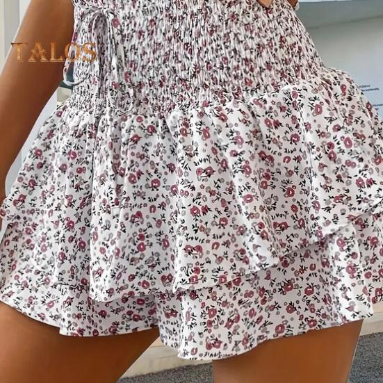 Été femmes Shorts multi-couches imprimé fleuri froncé à volants Patchwork taille haute élastique large ceinture cordon a-ligne fausse jupe dame Mini