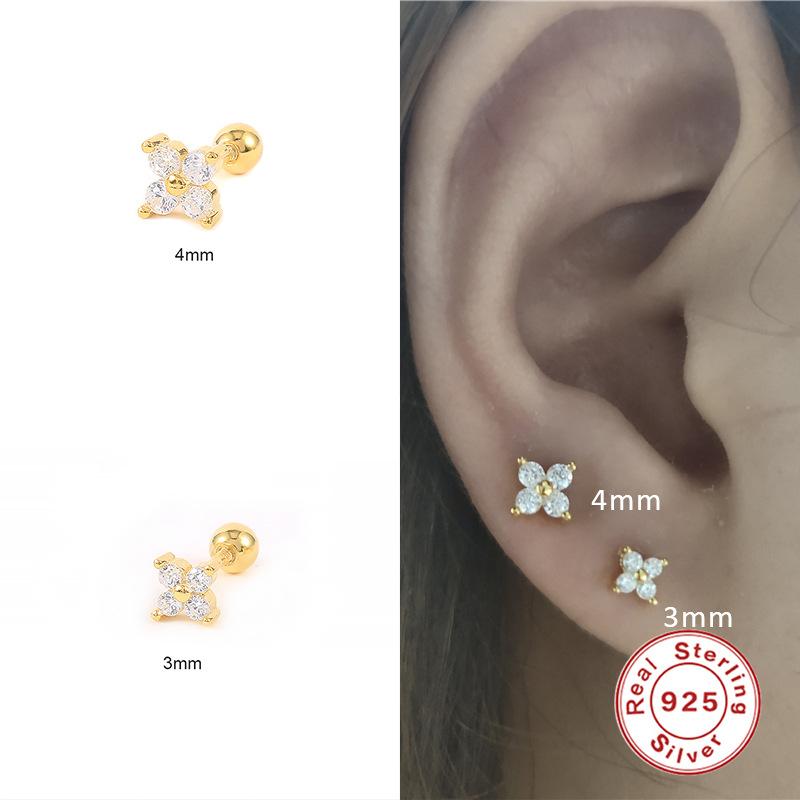 New Dainty 925 Sterling Silver Flower Zirconia Screw Stud Earring Fashion Piercing Jewelry