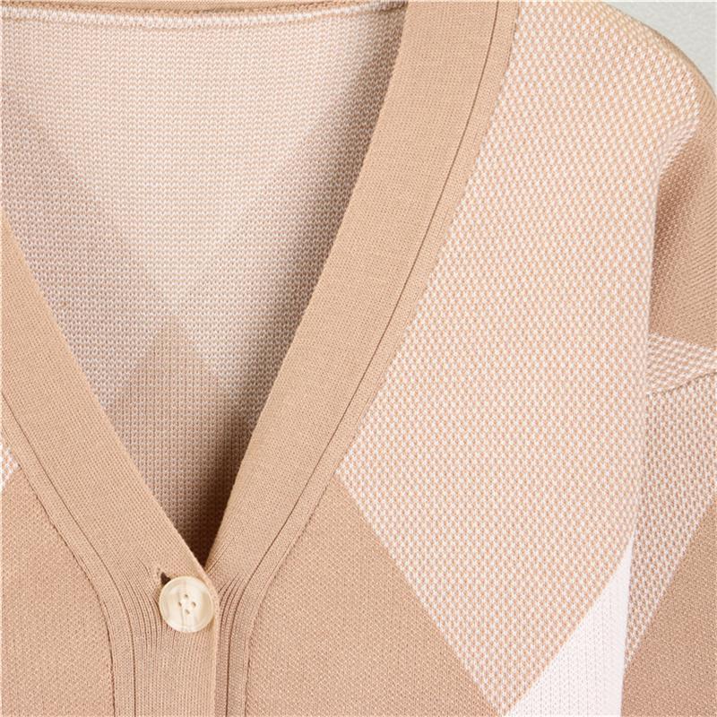 Color Blocking Grid V Neck Knitted Cardigan Fashion Set  Elegant And Wide Leg Pants For Women Two Piece Set