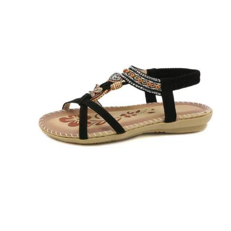 Women Bohemian Beaded Flat Sandals Ethnic Style Elastic Back Strap Sandals
