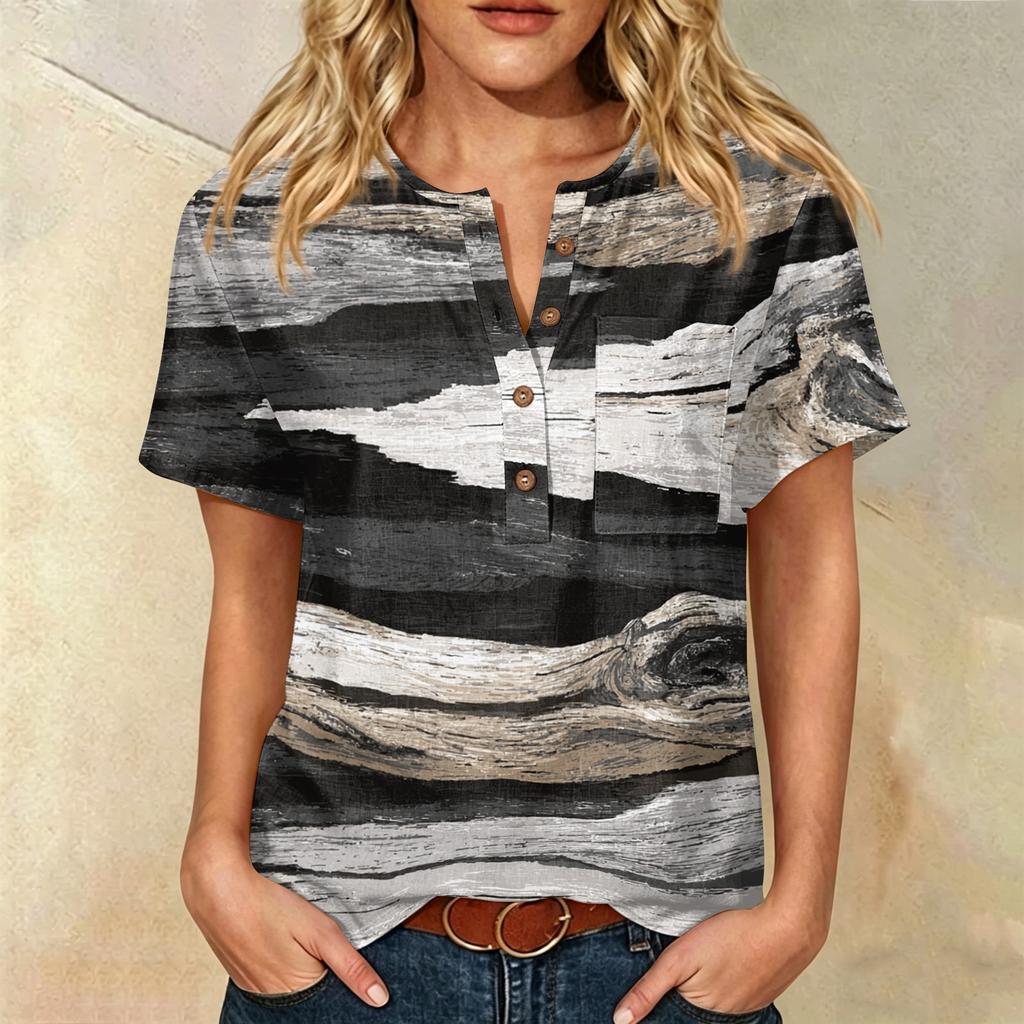 Women Henley Neck Printed Short Sleeve Cotton Linen Shirt with Front Pocket and Button Casual Fit Top