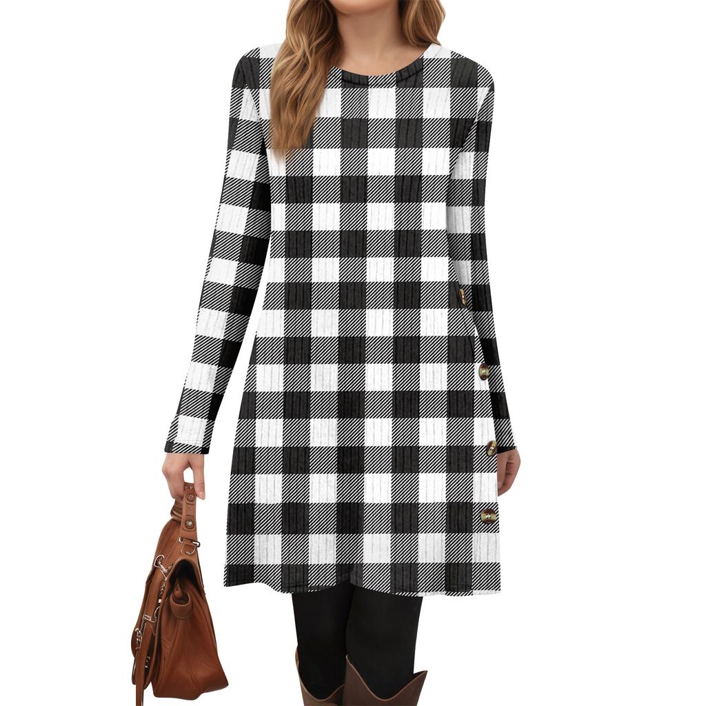 Women's Fashion Casual Long SleeveTunic Dress With Pockets Side Button Dress