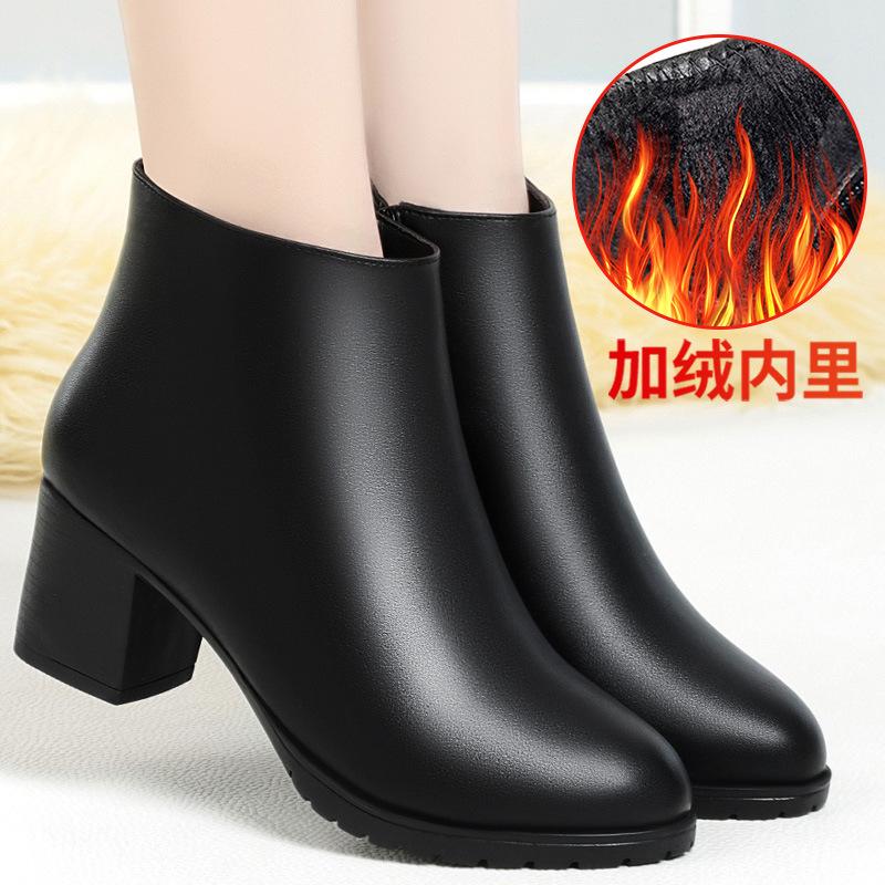 Winter Medium Heel Women's Short Boots Black Velvet Work Shoes Thick Heel, Martin Boots Professional Women's Shoes Soft Leather Cotton Shoes