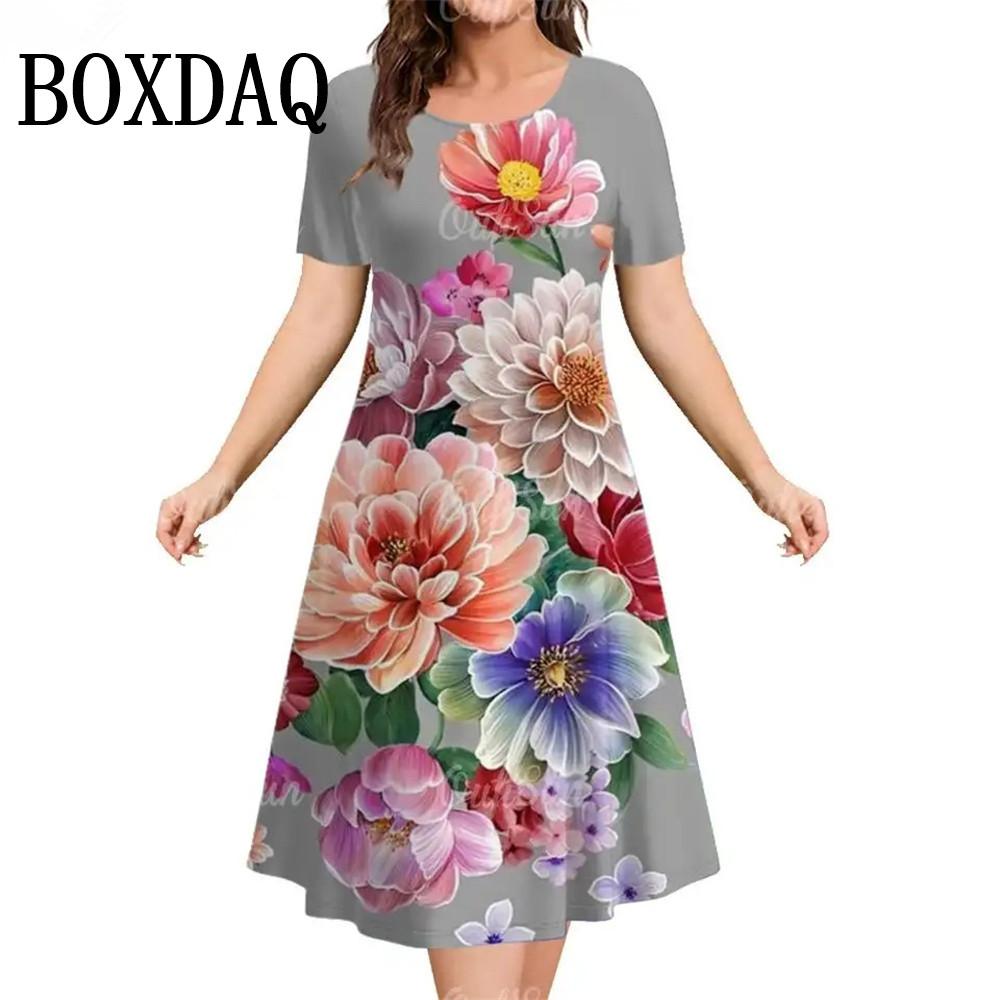 

Літня сукня жіноча з круглим вирізом, коротким рукавом, 3D-принтом червоних квітів, великого розміру, вільного крою, нова 5XL