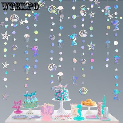 8pcs Iridescent Mermaid Party Garlands with Jellyfish Seashell Starfish Pearl Holographic Paper Streamer for Little Mermaid Rainbow Theme Party
