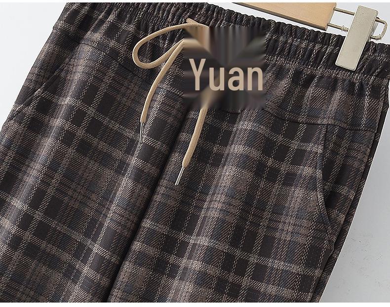 Spring Style Fashionable Plaid Elastic High Waist Pants for Middle-aged and Elderly Women
