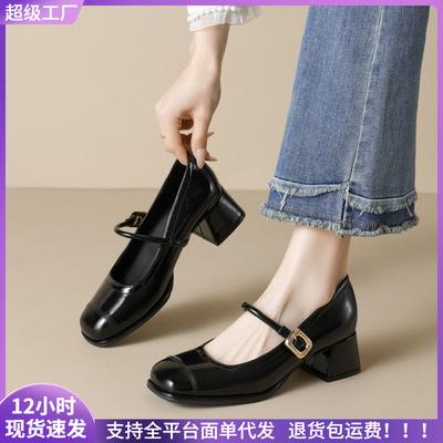 Square Head Mary Jane Shoes Women's Word with High Heels, Light Mouth Thick Heel Single Shoes Women's Commuting