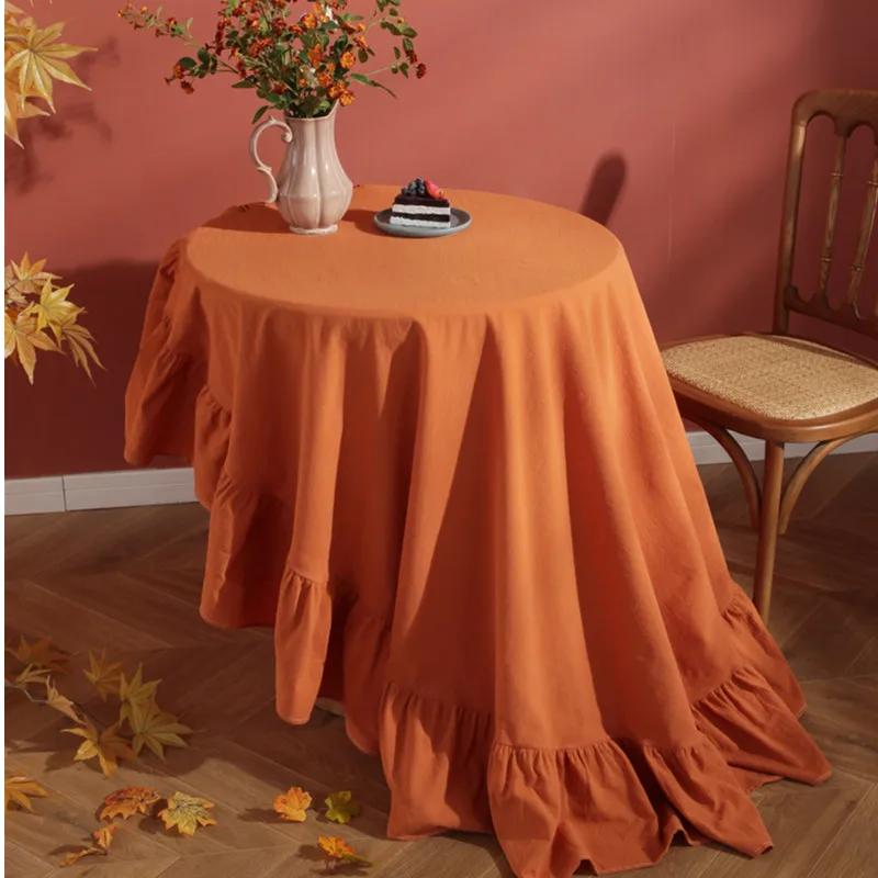 100% Cotton Round Table Cloth Washable Vintage Ruffle Tablecloth For Wedding Party Dining Banquet Decor Living Room Table Cloth
