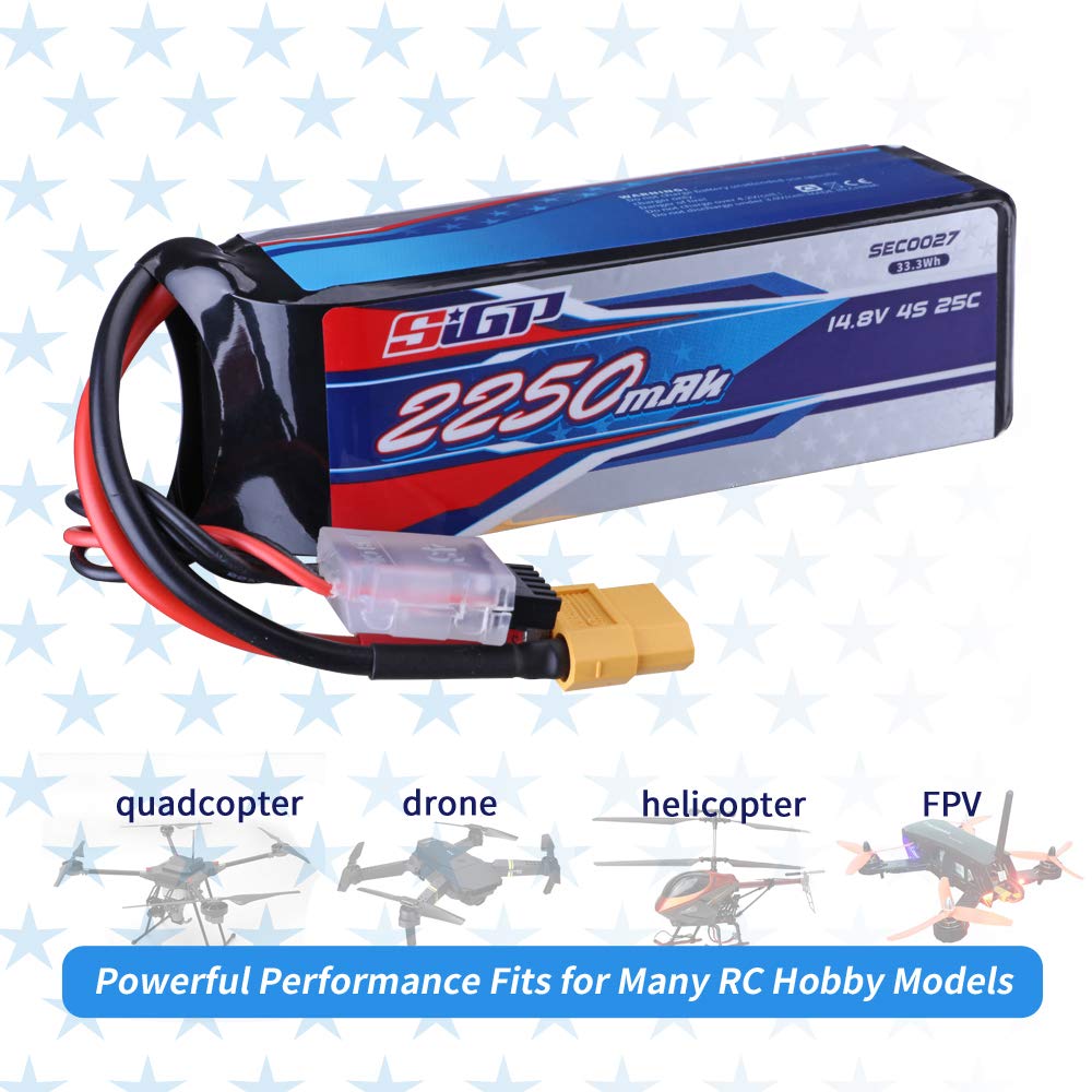 SIGP 4S 14.8V RC LiPo 25C 2250mAh with XT60 Plug for RC Airplanes, Quadcopter, Helicopter Drones, FPV Racing, and Hobbies
