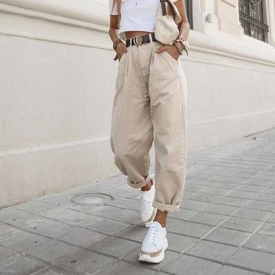 Khaki Weibliche Cargo Hosen Hohe Taille Harem Lose Jeans Plus Größe Hosen Frau Casual Streetwear Mom Jeans