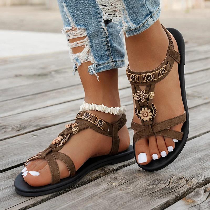 Flower Beaded Bohemian Sandals for Women Summer 2025 Roman Style Comfortable Flat Sandals Woman Lightweight Non Slip Beach Shoes