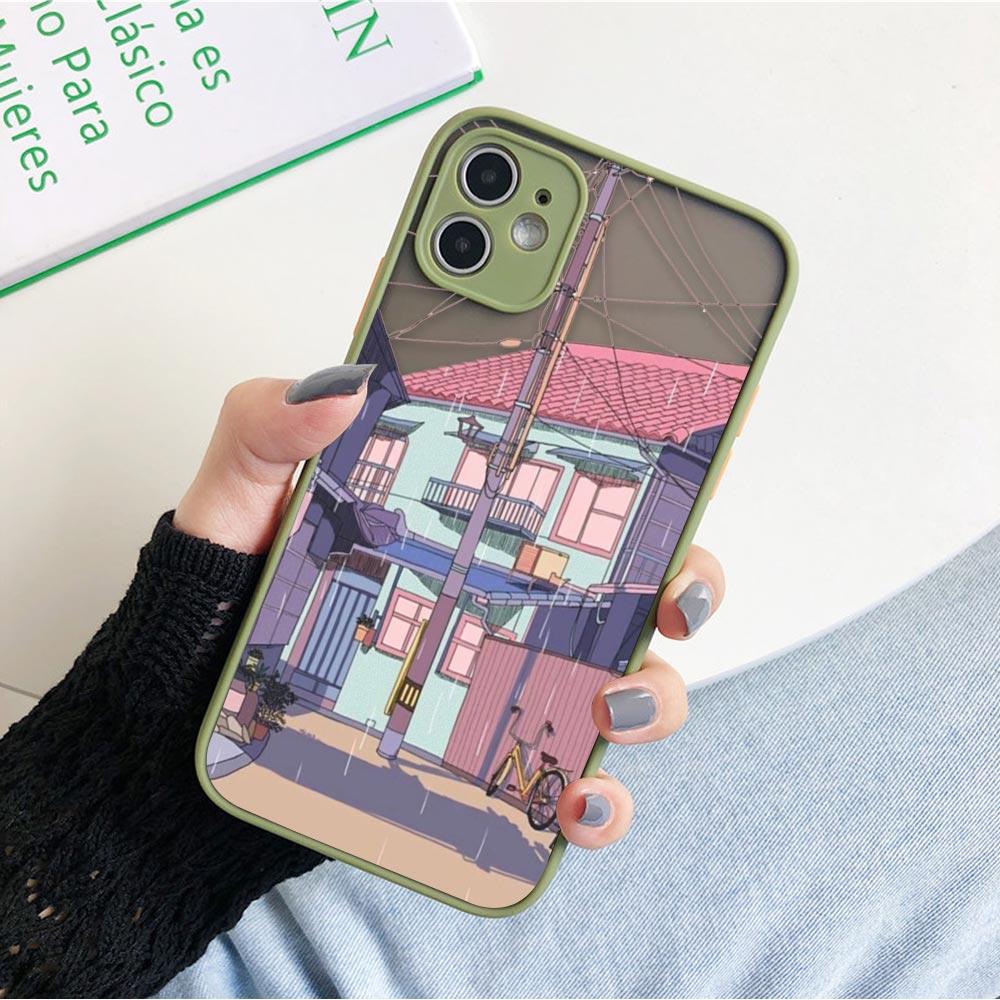 Matte Hülle für iPhone 11 12 13 14 Pm Pro Max XR X 8 7 Plus Pro XS Mini Skin Feeling Cover Japan Anime Handbemalte Hauslandschaft