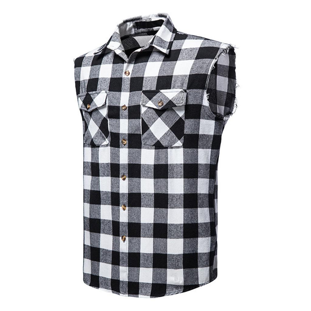 Men's Plaid Shirt With Collar And Pockets Casual And Comfortable Sleeveless Jacket.