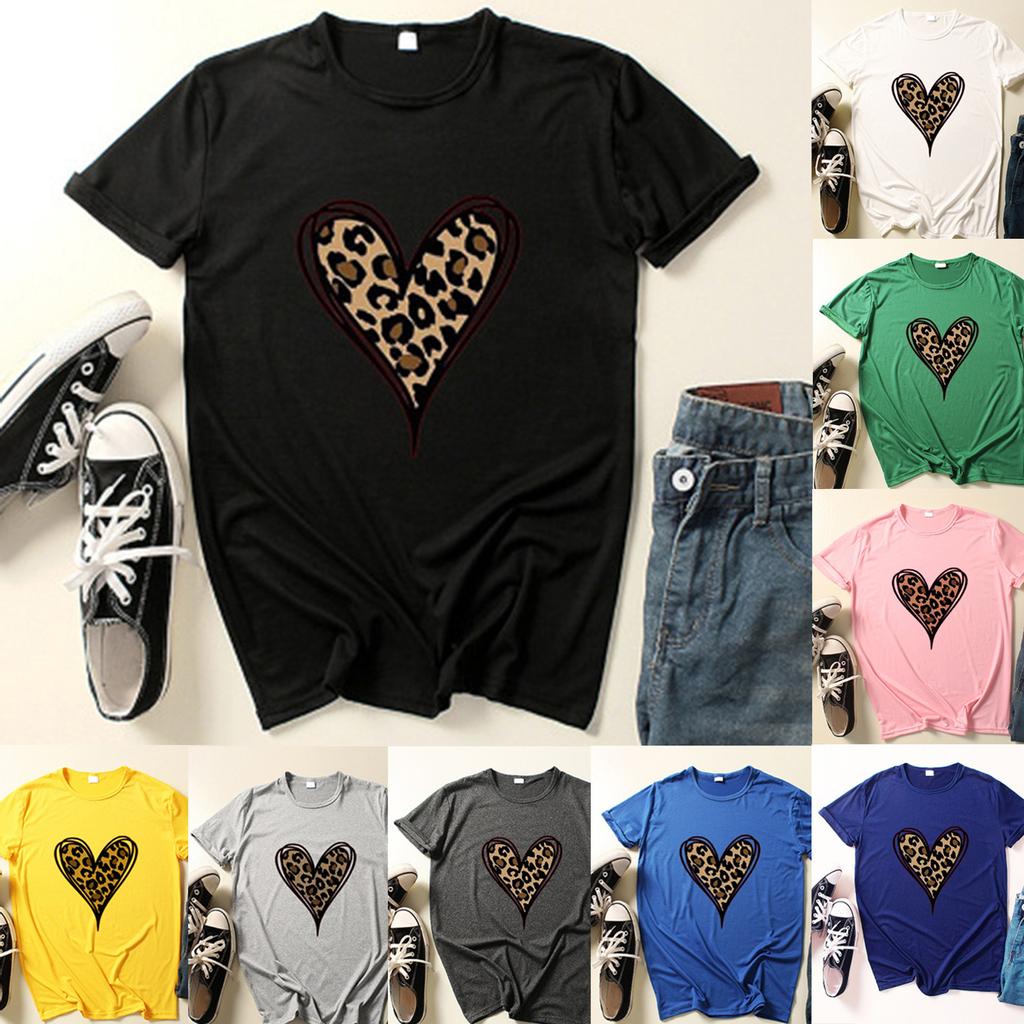 New Fashion Women's Top Short Sleeve Casual Love Leopard Printed Loose T-shirt