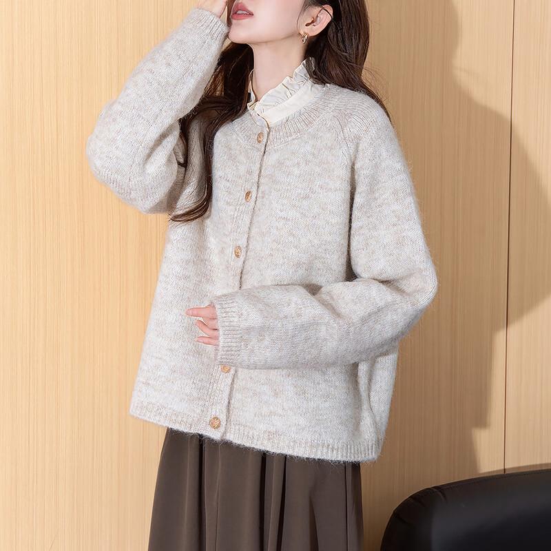 TonLion Women's Simple Round Neck Cardigan Jacket