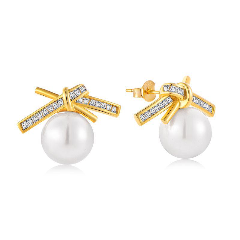Elegant French Retro S925 Sterling Silver Bow Pearl Stud Earrings 925 Silver