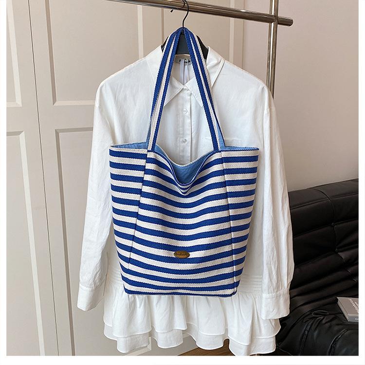 Striped Canvas Double-sided Usable Bag, Tote Bag, Casual Shoulder Bag, Large Capacity Shopping Bag