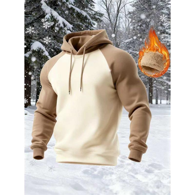 Men's Retro Casual Raglan Color-blocked Loose Hooded Casual Sweatshirt with Velvet and Thickening