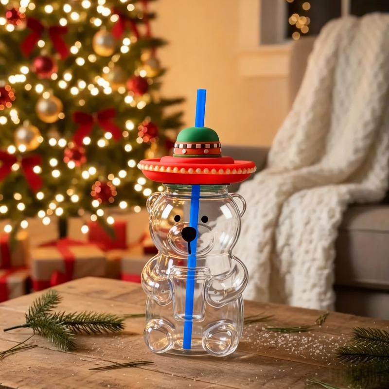 Niedlicher Bär Glasbecher für Kinder Hochtemperaturbeständige Transparente Gläser mit Strohhalmdeckeln Kaffeetassen Getränke Trinkgeschirr Geschenk