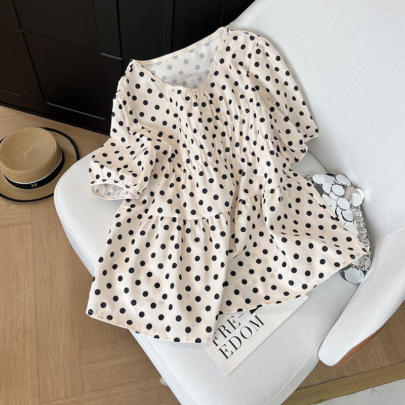 

Женская летняя блузка с короткими рукавами в горошек, новый дизайн 2025, нишевая, свободная и тонкая, с рукавами-пузырями, короткий топ XXXL [Recommended 138-75kg]