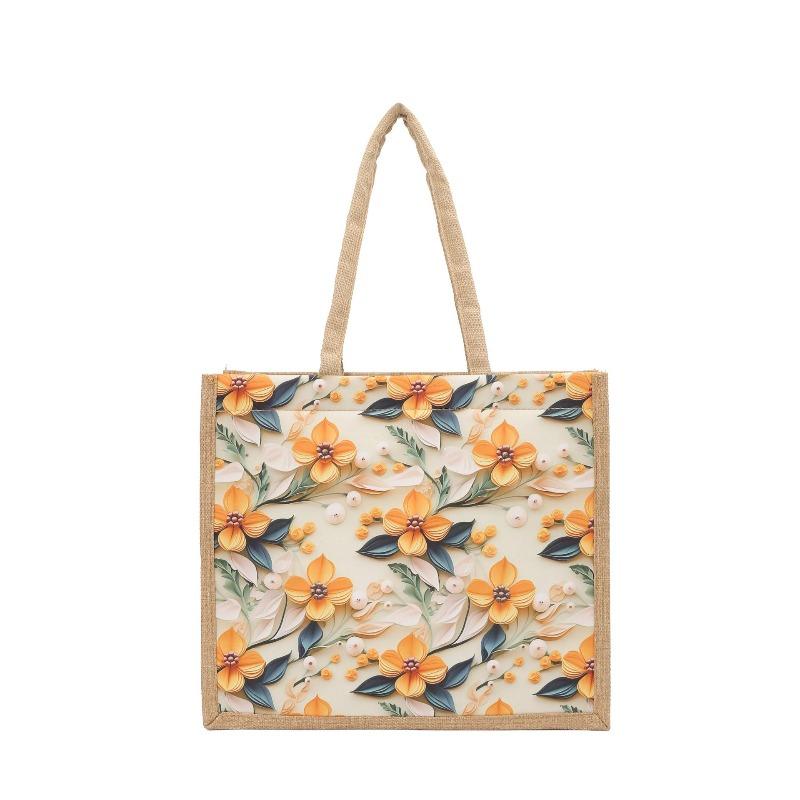 Linen zipper handbag women's new flower pattern large capacity tote bag going out to work commuting linen bag