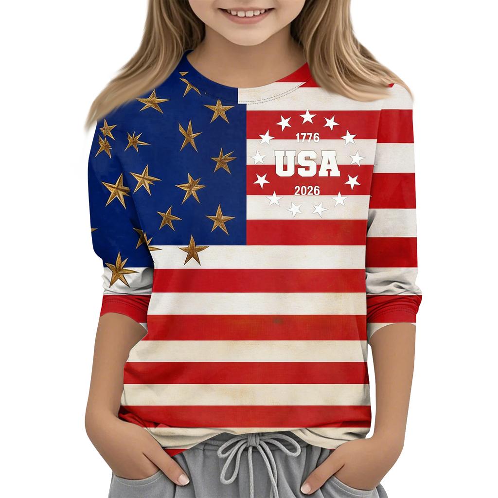 Children's 3/4 Sleeve Tops Casual Print T Shirt Round Neck Pullover Blouse