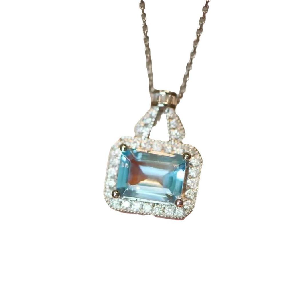 S925 Sterling Silver Aquamarine Handbag Necklace with Zirconia - Elegant Women's Clavicle Chain Accessory