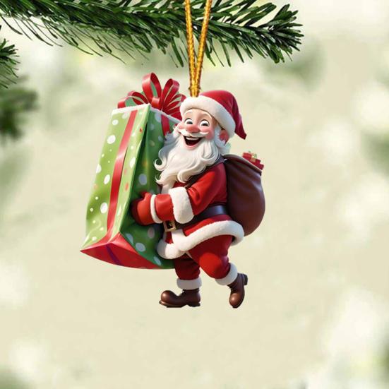 Ornament Moș Crăciun 2D Acrilic Desen Animat Moș Crăciun Ținând Cutie Cadou Ornament pentru Pom de Crăciun pentru Pom de Crăciun Decor de Casă de Sărbători