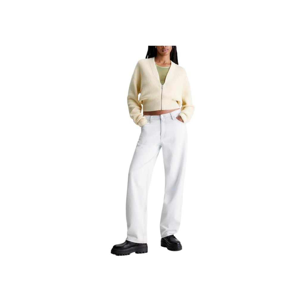 Calvin Klein Jeans Simple Casual V-Neck Loose Long Sleeve Knit Sweater Women Tops Vanilla J20J222623-ZCY