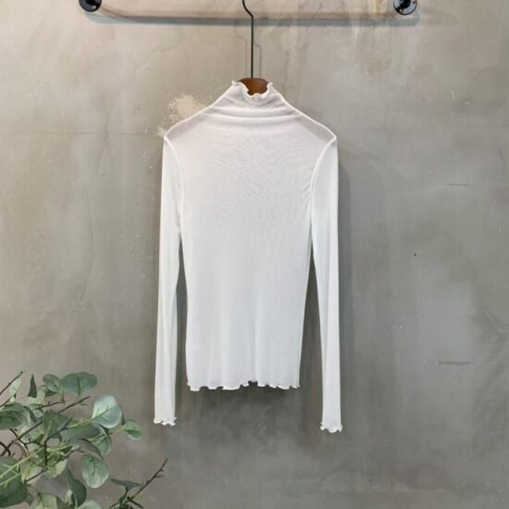 C S In The Room Depo Sheer High neCk Ruffle Long Sleeve T ShirT 4Color
