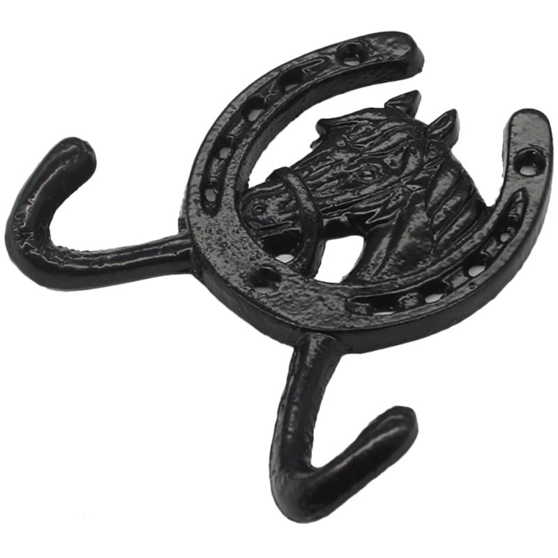 Bathroom Hook Coat Hooks European Style Creative Horse Head Horseshoe Double Wall Cast Iron Black