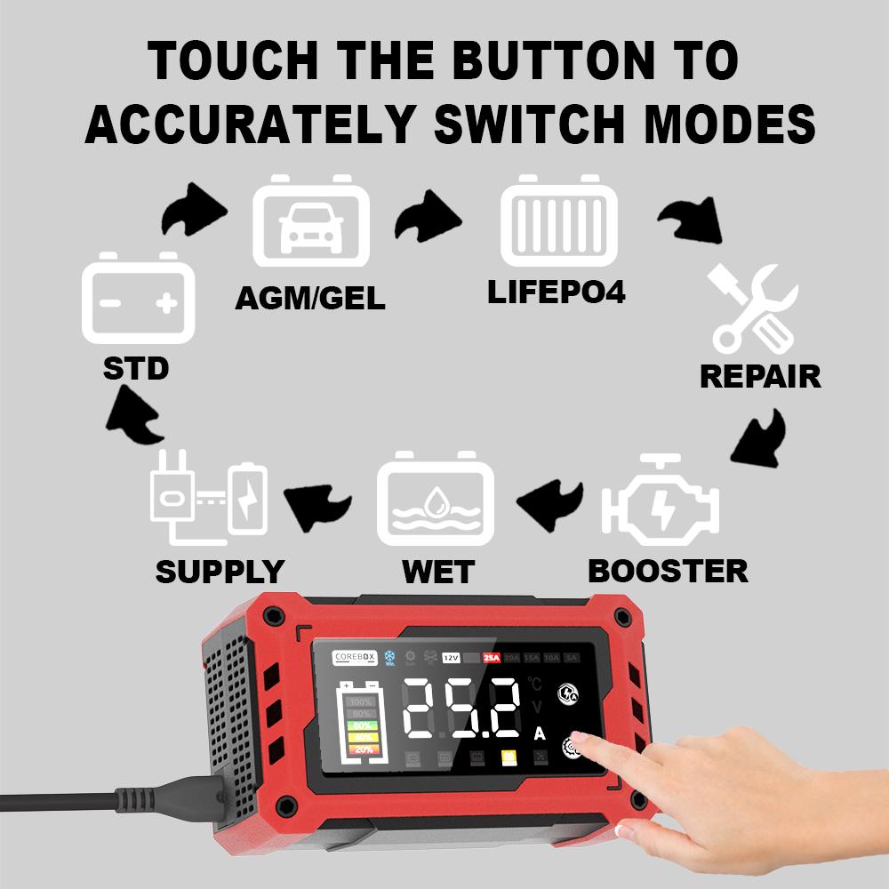 12V-24V 25A /15A Autobatterieladegerät Booster Touchscreen Impulsreparatur Schnellladung für AGM GEL Blei-Säure LiFePO4