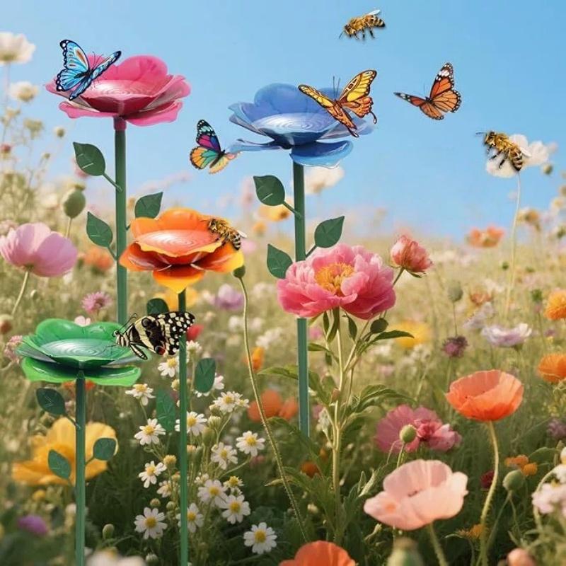 4x Bee Watering Station Metal Flower Stakes Butterfly Bath Bowl Water Feeder