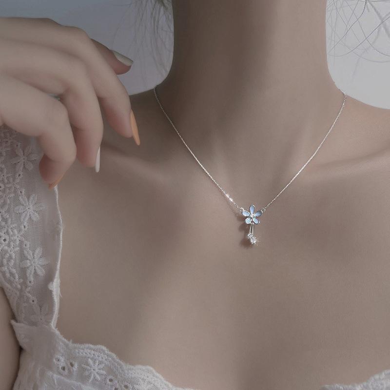 S925 Sterling Silver Epoxy Flower Necklace Women's Cross-border Girl Explosion Pendant 2024 New Light Luxury Niche Collarbone Chain