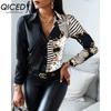 QICED Women's Fashion Casual Solid Color Print Long Sleeve POLO Neck Blouses & Shirts
