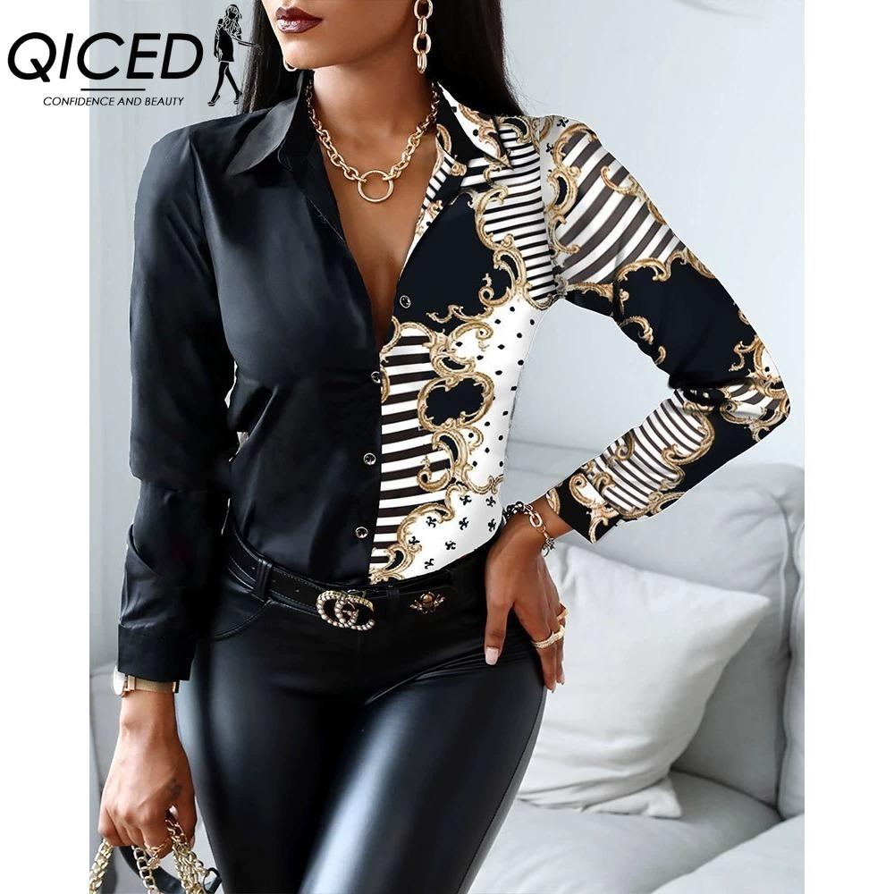 QICED Women's Fashion Casual Solid Color Print Long Sleeve POLO Neck Blouses & Shirts