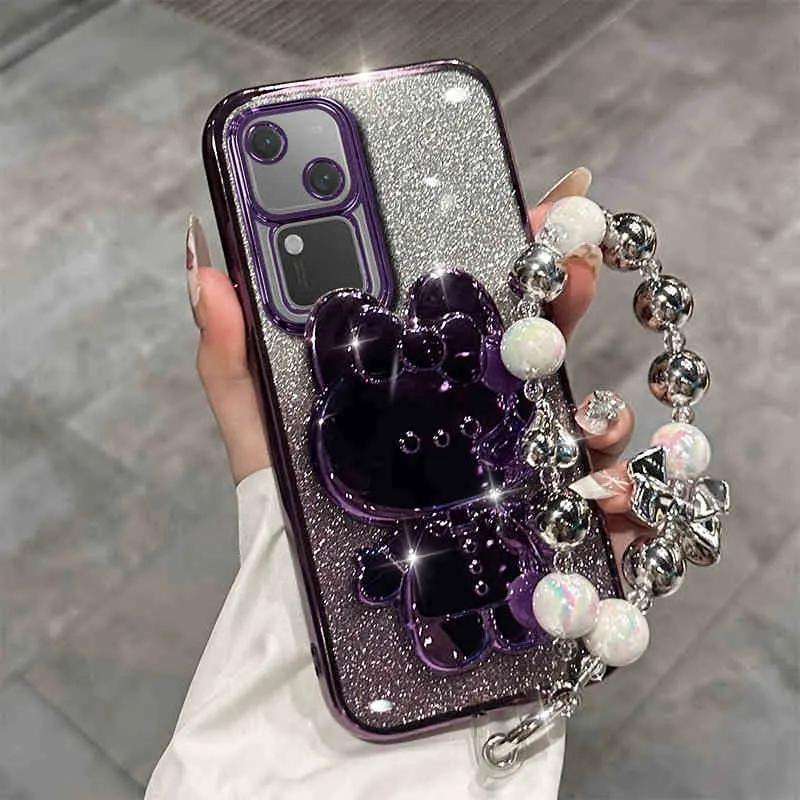Cute Rabbit Makeup Mirror Stand Case for Vivo V50 Pro V40 Lite V30 V29 V25 E Iqoo Z9 Luxury Bracelet Protective Case
