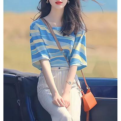 T-shirt d'été à manches courtes et rayures pour femmes, haut doux et ample à col rond