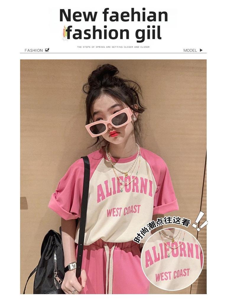 Girls' Stylish Korean-Style Summer Two-Piece Set: Short-Sleeved T-Shirt & Skirt