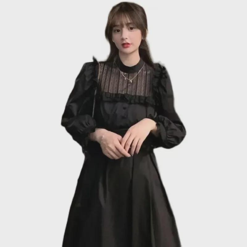 Women's 2025 Winter Korean Lantern Sleeve Lace Splicing Long Dress