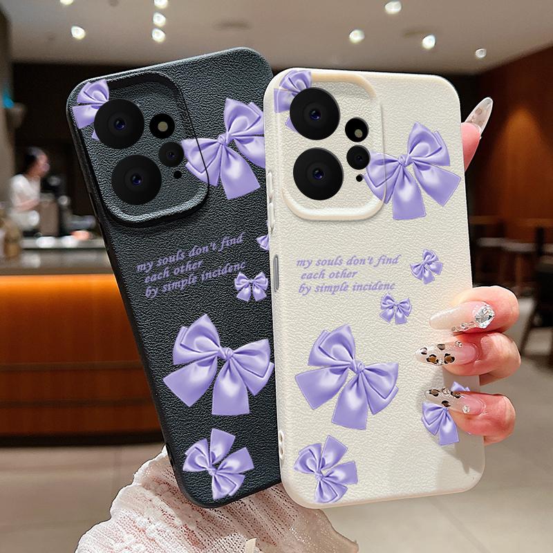 Purple Bowknot Print Leather Texture TPU Matte Case For Xiaomi 13T Poco X6 M6 Redmi Note 14 Pro 13 12 11 Lens Protection Soft Shockproof Phone Cover