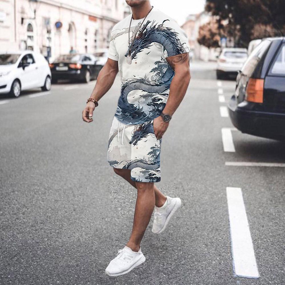 Summer New Fashionable Printed Men's Shorts Set Men's Quick Drying Breathable Sports Set Short Sleeved T-shirt Outdoor Jogging