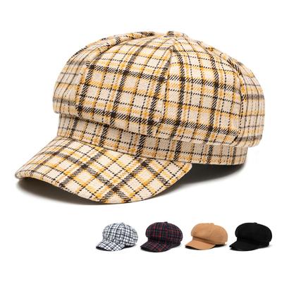 Women's Autumn Winter Warm Octagonal Cap Plaid Beret Paintess Cap Spring Autumn Newsboy Cap
