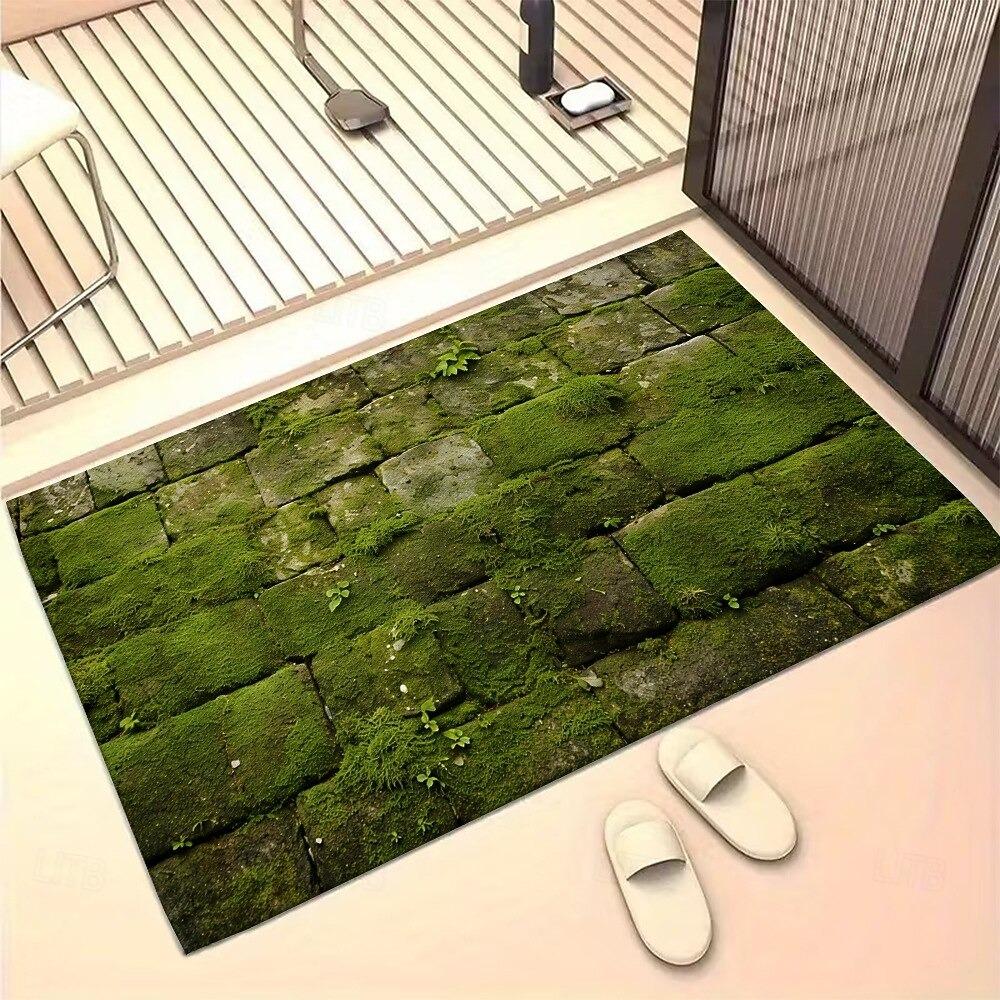 Doormat Green Moss on Stone Pavement Design Durable Slip-Resistant Mat for a Refreshing Outdoor Indoor Entryway Rug Door Mat