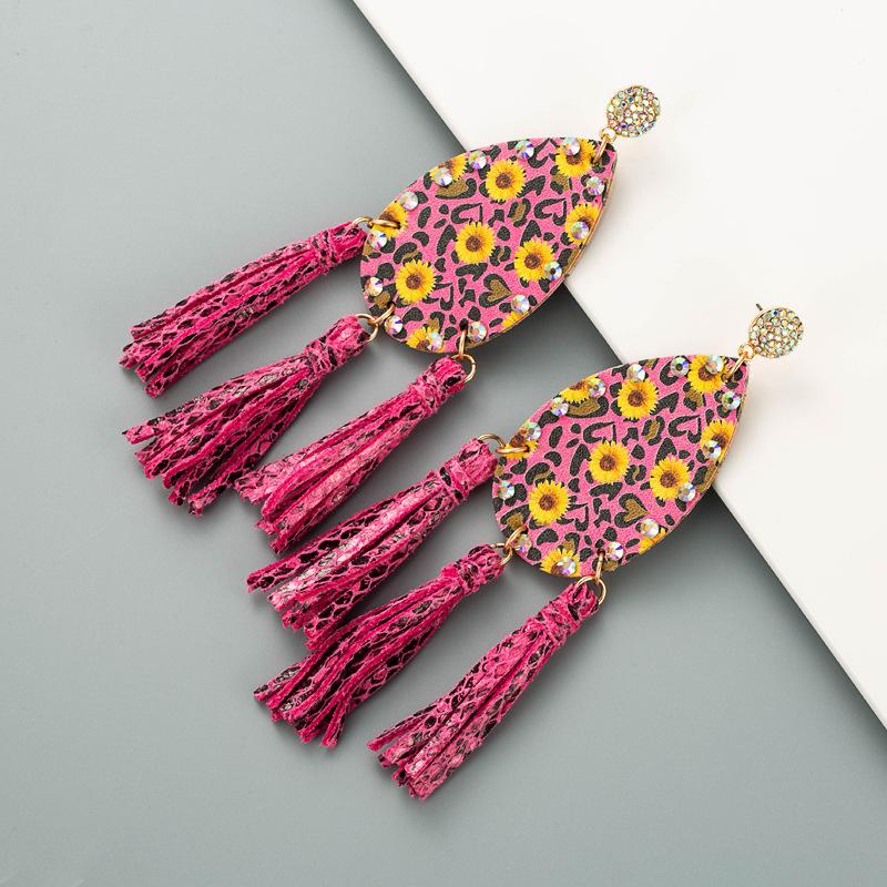 Women Hyperbole Double-sided Daisy Print Drop Earrings Titanium Steel Zircon Crystal Long Tassels PU Leather Bohemia Ear Ornaments