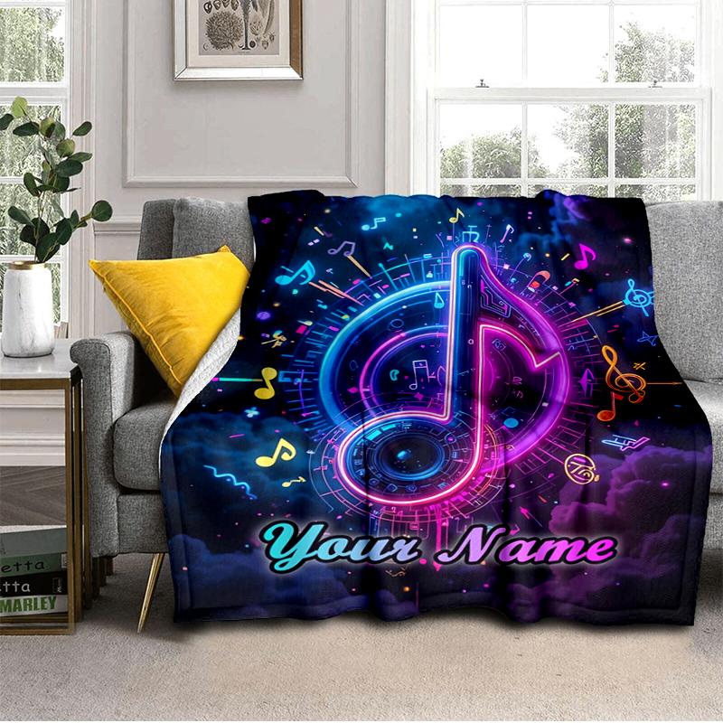 1PC Custom Name Music Notes Neon Art Flannel Blanket Versatile,all-season Throw Suitable for the Living Room,bedroom,camping,travel,and Gift