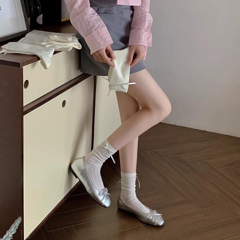 Bow Mid-calf Socks for Women, White Bubble Mouth Lace Socks for Summer, Thin Black Ear-trimmed Mary Jane Pile Socks for Women
